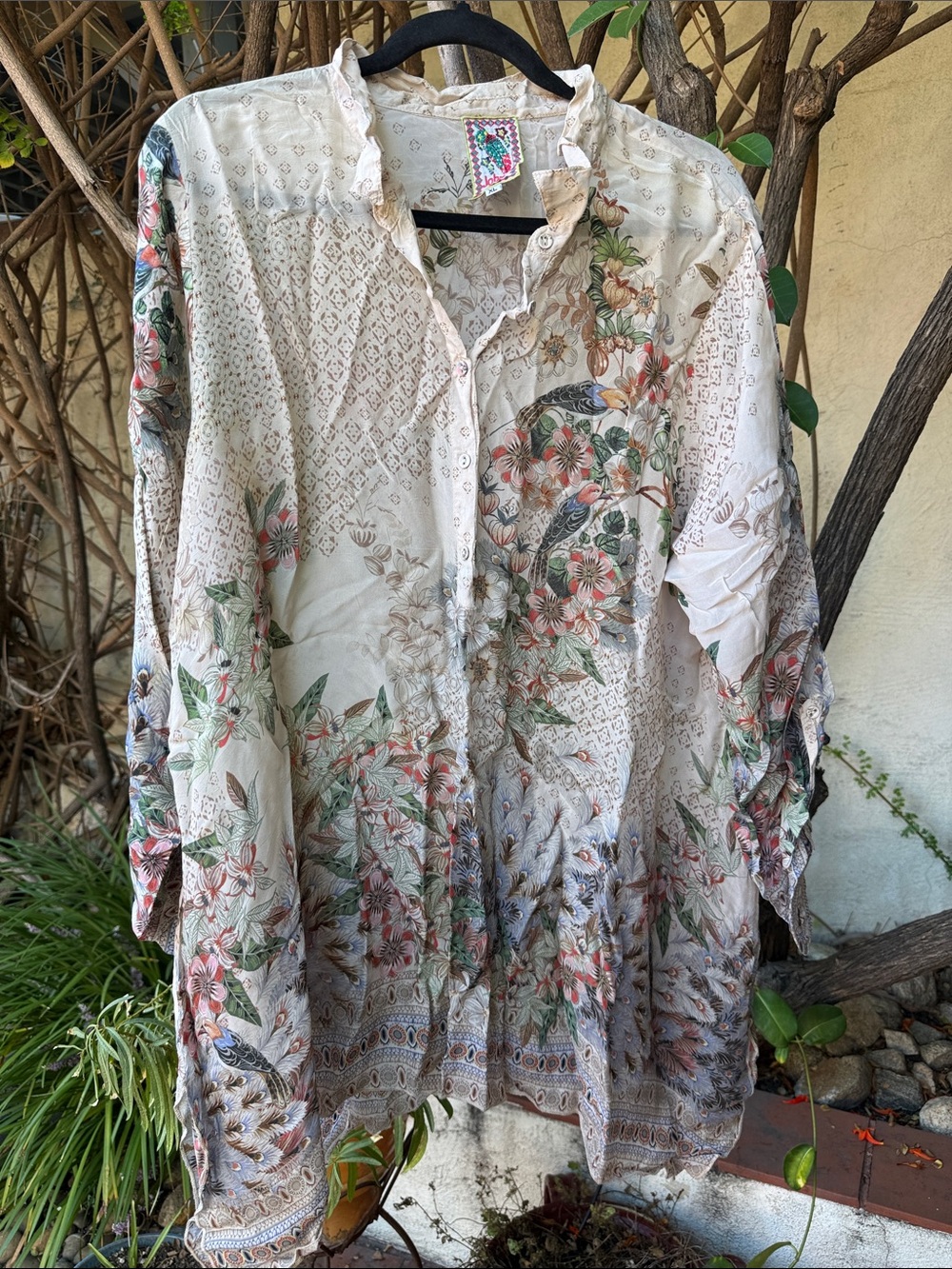 Johnny Was Cream Floral Button-Down Tunic with Green and Pink Details
